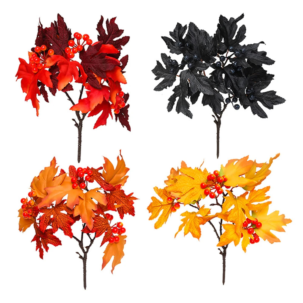 34cm Artificial Maple Leaves Branch Silk Fake Red Berries
