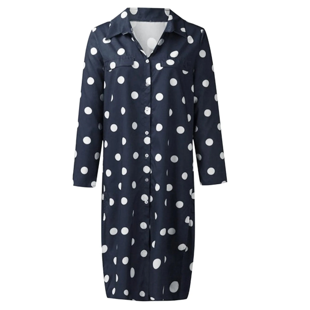 Women's Polka Dot Maxi Dress Button Up Split Flowy Long Sleeve