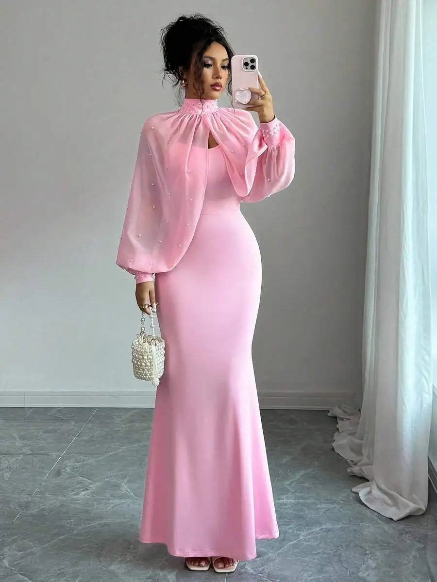Elegant Pink Mermaid Gown with Beaded Sheer Capelet, Bodycon Slip Dress Set