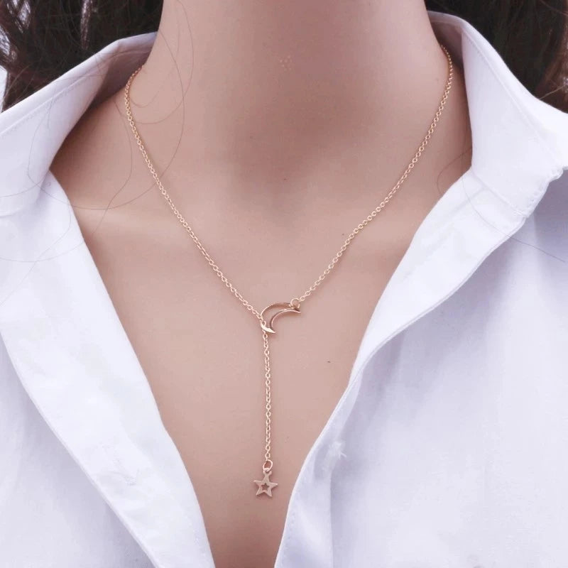 Moon Star Pendant Choker Necklace Gold Alloy Chain for Women additional angle