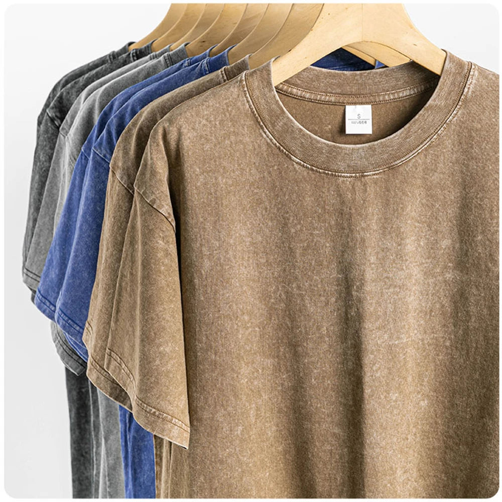 Washed And Distressed 230g Heavyweight Cotton Short Sleeved T-shirt Versatile Men Women Summer Solid Color Loose T Shirts Top
