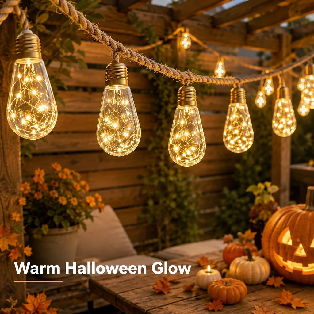 Solar String Lights Hemp Rope Edison Bulb Fairy Lights Warm White