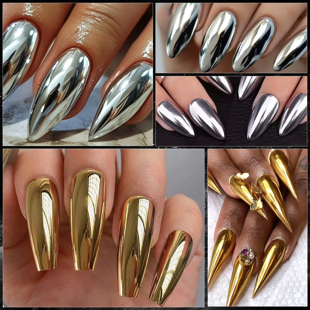 Mirror Chrome Nail Powder Silvery Golden Metallic Nail Glitter