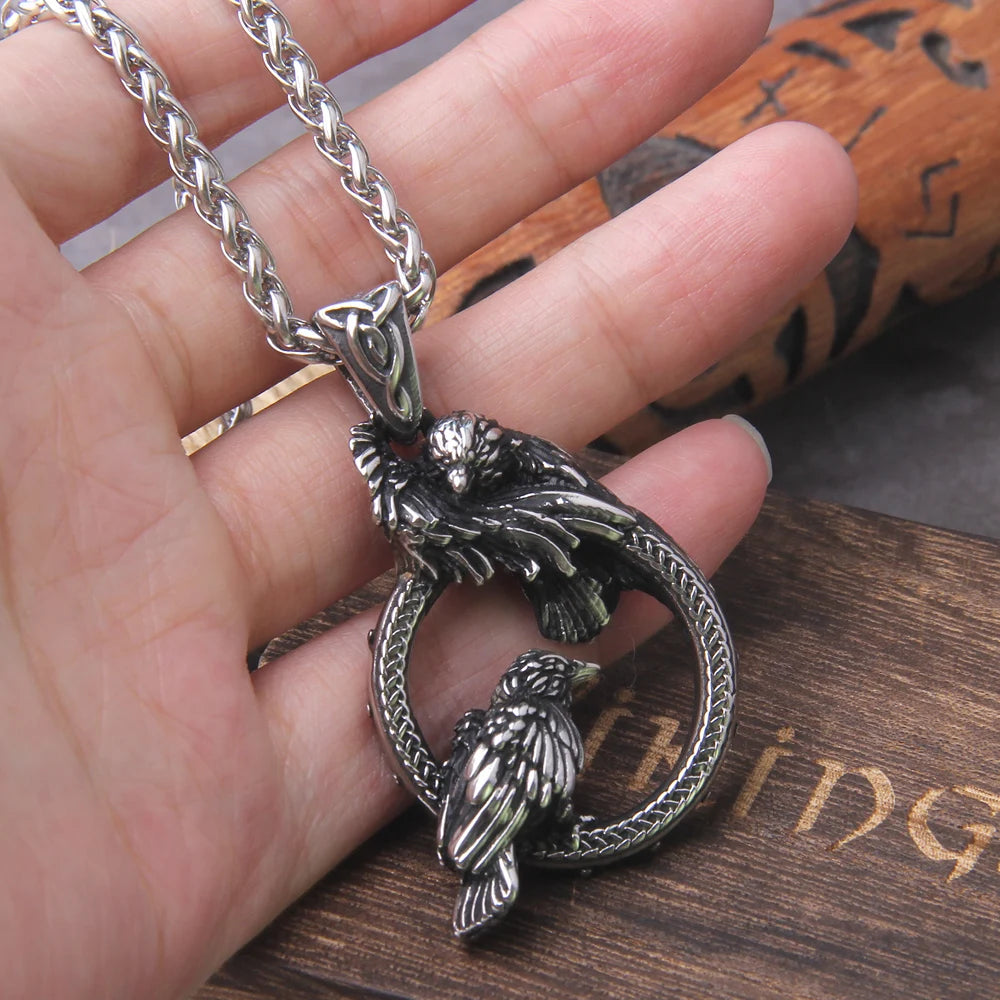 Odin Huginn and Muninn Raven Pendant Necklace Stainless Steel Viking