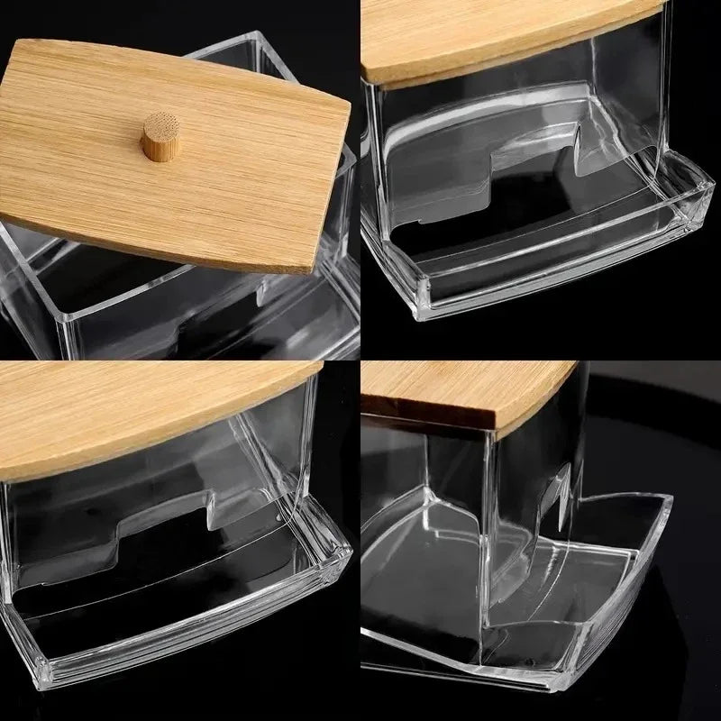 Transparent Cotton Swab Storage Box with Bamboo Cover lifestyle view