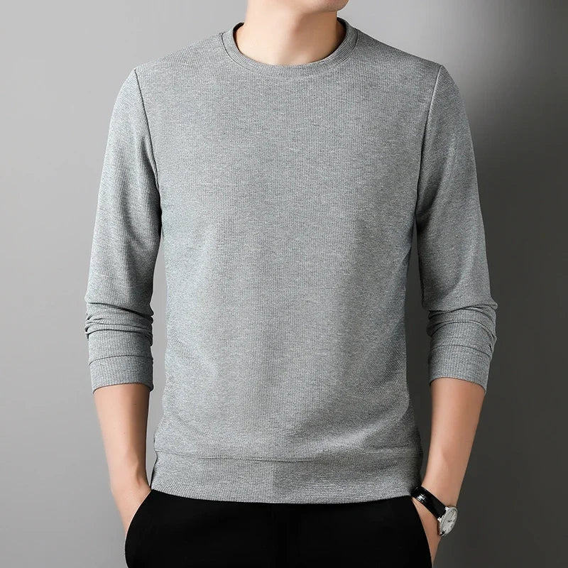 New Men's Business Casual Long Sleeved Solid Color Round Neck T-shirt for Autumn Winter Comfortable Fashionable Versatile Top