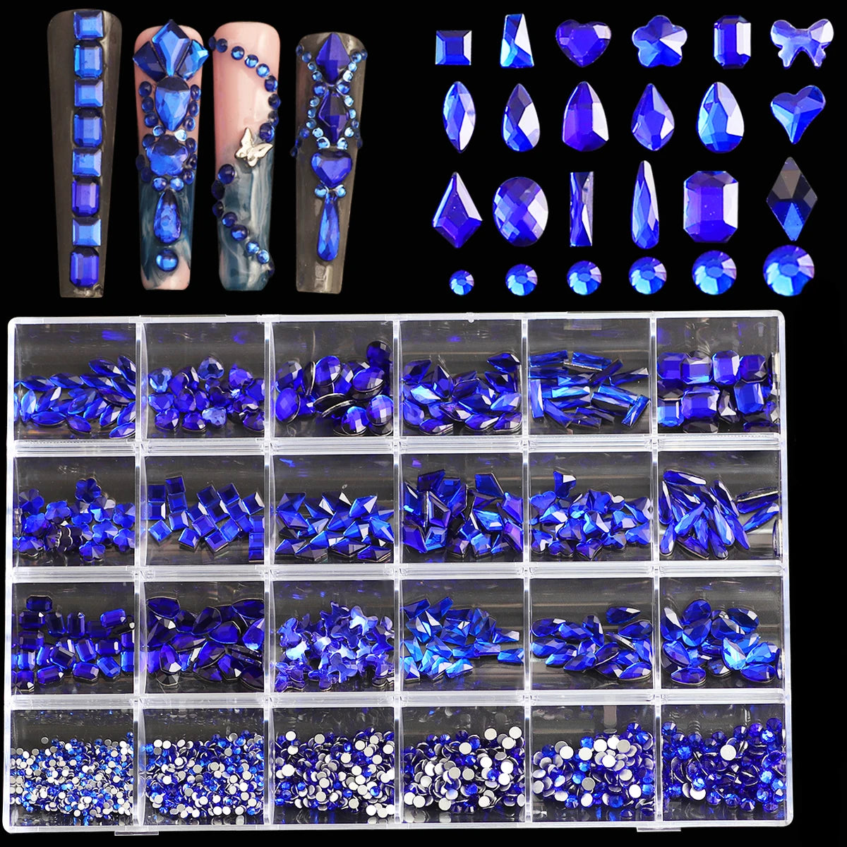1 Box 3D Nail Diamond Kit, 24 AB Crystal Gem Grids, Multi-Shaped Nail Art
