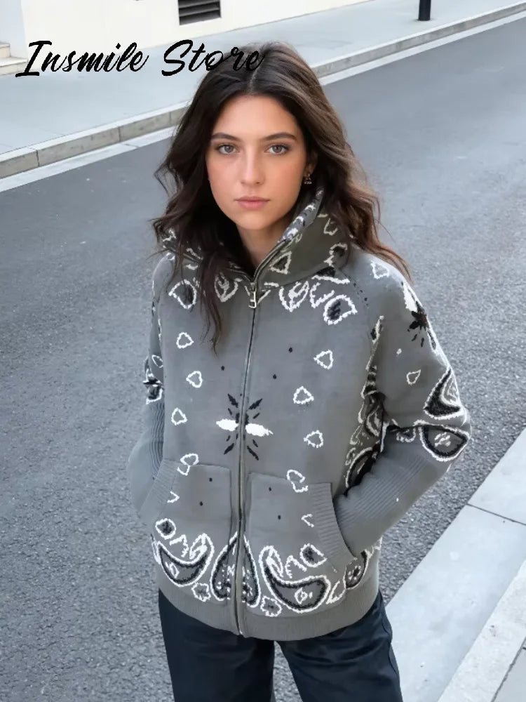 Fashion Knit Jacquard Cardigan Women Gray Stand Collar Zipper Full Sleeve Sweater 2026 Autumn Winter Lady Casual Street Knitwear