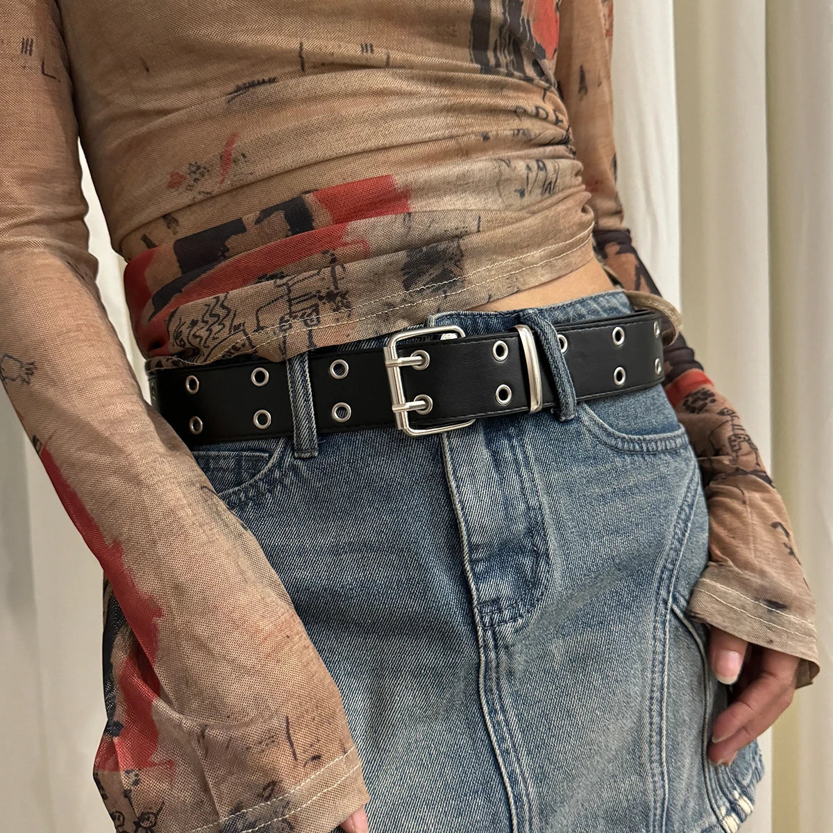 Women's Belt  Large size Double Hole Men Belt Punk Hip Hop Rock Style Subculture Y2K Belt Punch Free Belt for Men and Women