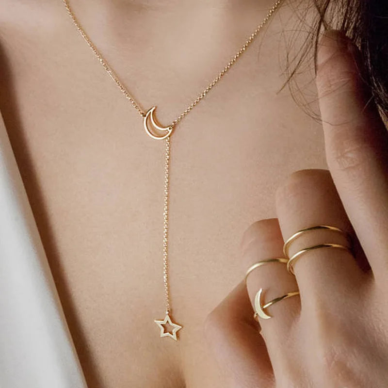 Moon Star Pendant Choker Necklace Gold Alloy Chain for Women alternate view