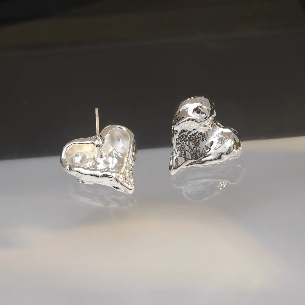 Retro Uneven Metal Heart Stud Earrings for Women