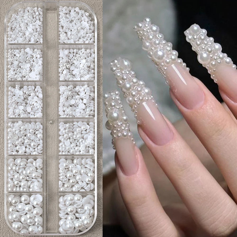 Half Round White Pearl Nail Beads 12 Grids Kit