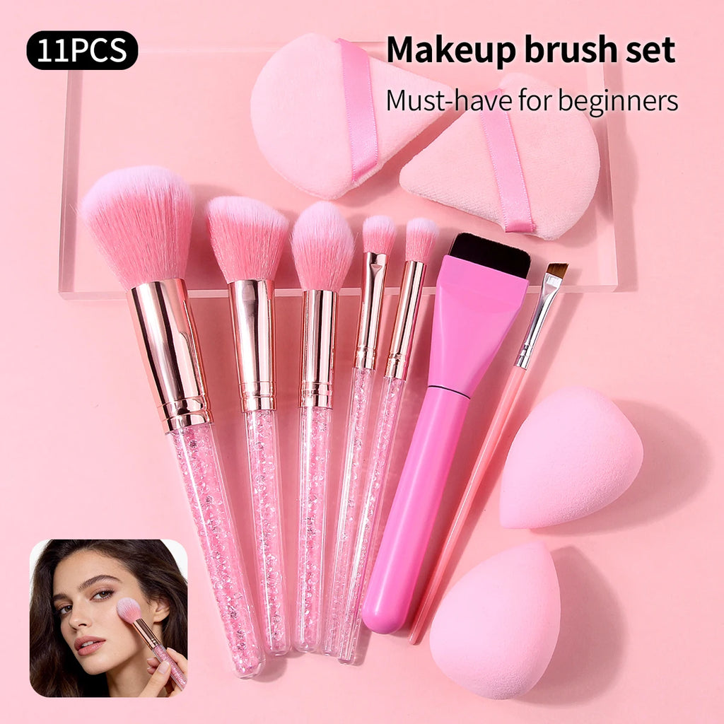 11Pcs Pink Makeup Brush Set with Sponge & Puff, Professional Glitter Handle Brushes for detail view