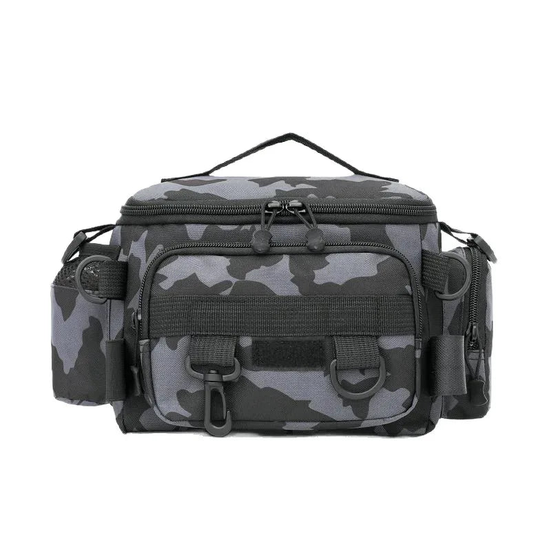 Black Fishing Tackle Shoulder Bag Storage Waist Bag，Outdoor Sports Bag with Fishing Rod Holder