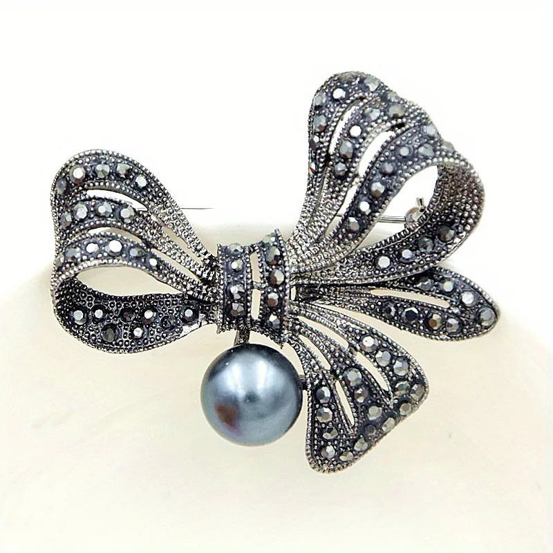 Rhinestone Black Flower Bow Tie Brooches for Women Vintage Elegant Large Brooch Pin Winter Coat Sweater Broches High Quality