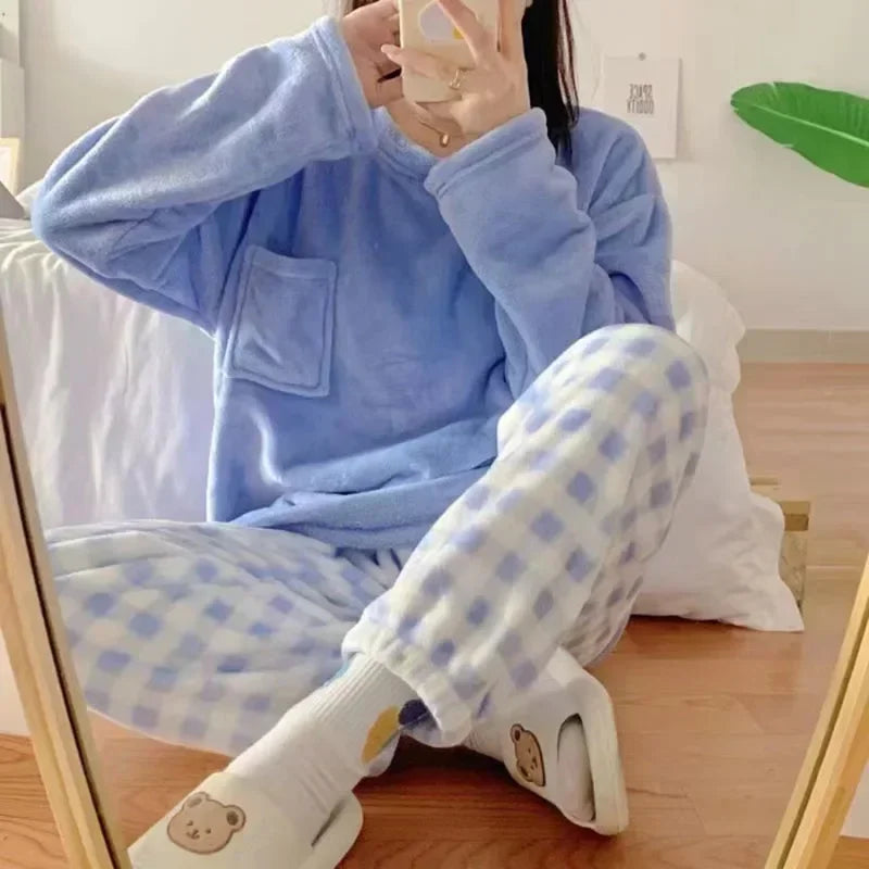 2PCS/Set Thickened Warm Flannel Women's Pajamas Tops and Trousers Student Sleepwear Homewear Winter Cartoon Bear Nightwear