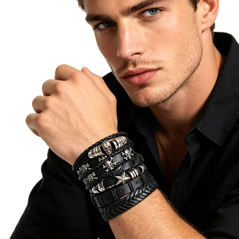 1Set Black Punk Skull & Star Shaped Alloy & Pu Leather Bracelet