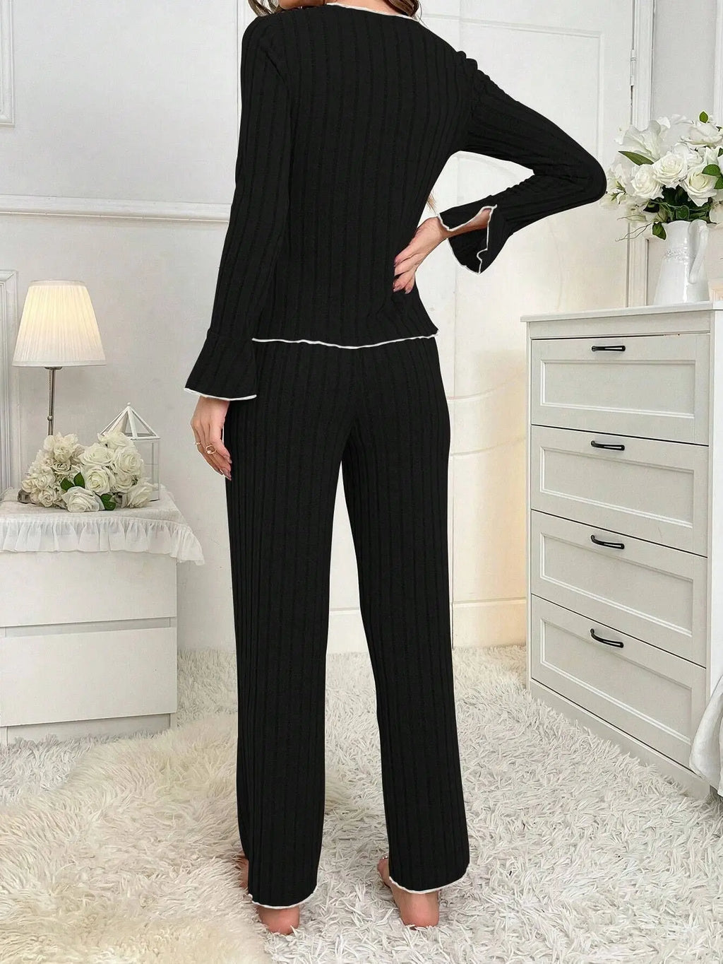 2-Piece Women's Autumn and Winter Pure Color Elegant Bow Women's Simple Long-Sleeved Pants Pajama Set Leisure Home Clothing