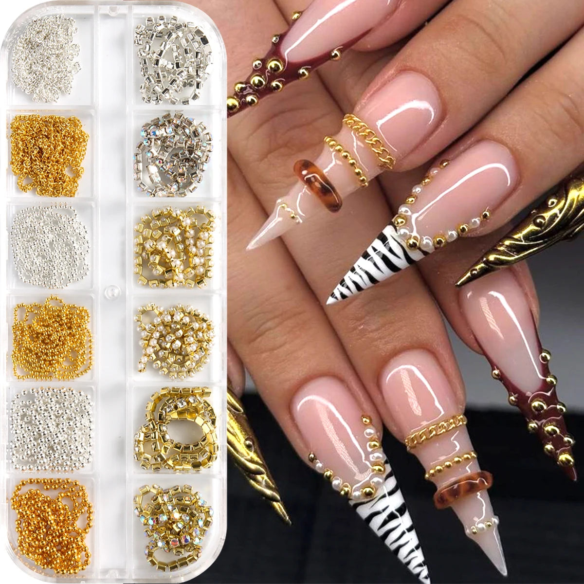 Metal Nail Art Chains,Gold Silver Nail Chain 3D Nail Decoration Charm Personality Nail Jewelry Nail Design Ornament for Manicure
