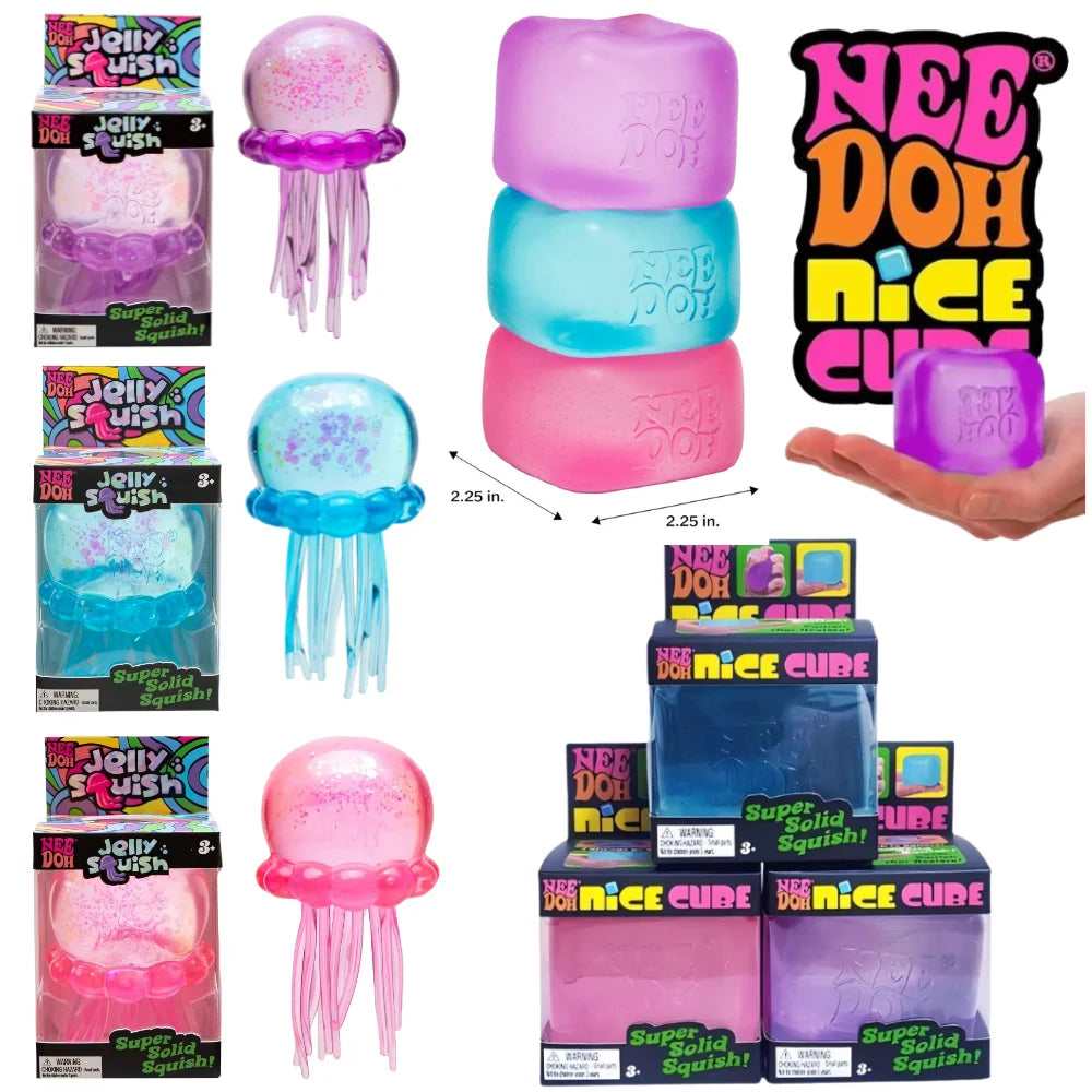 Trending Nee Doh Jellyfish & Cube Squish Toy, Soft Jelly Squeeze Stress Relief Fidget Toy, Sensory N