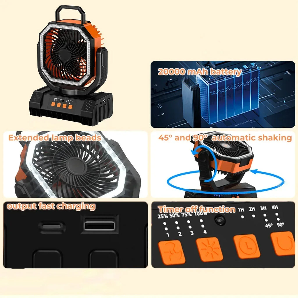 20000mAh Battery Powered Fan Rechargeable Camping Fan 4 Speeds Gear with LED Outdoor Tent Fans with Hanging Hook Remote