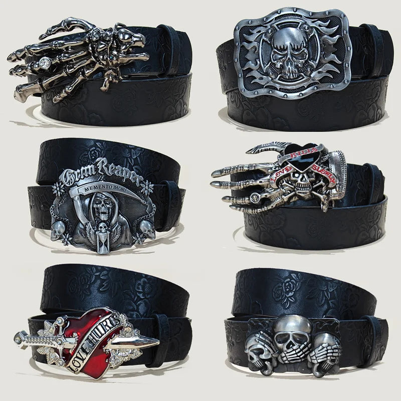 Punk Skull Plus Size Leather Belt Gothic Y2K Embossed Skeleton Hand