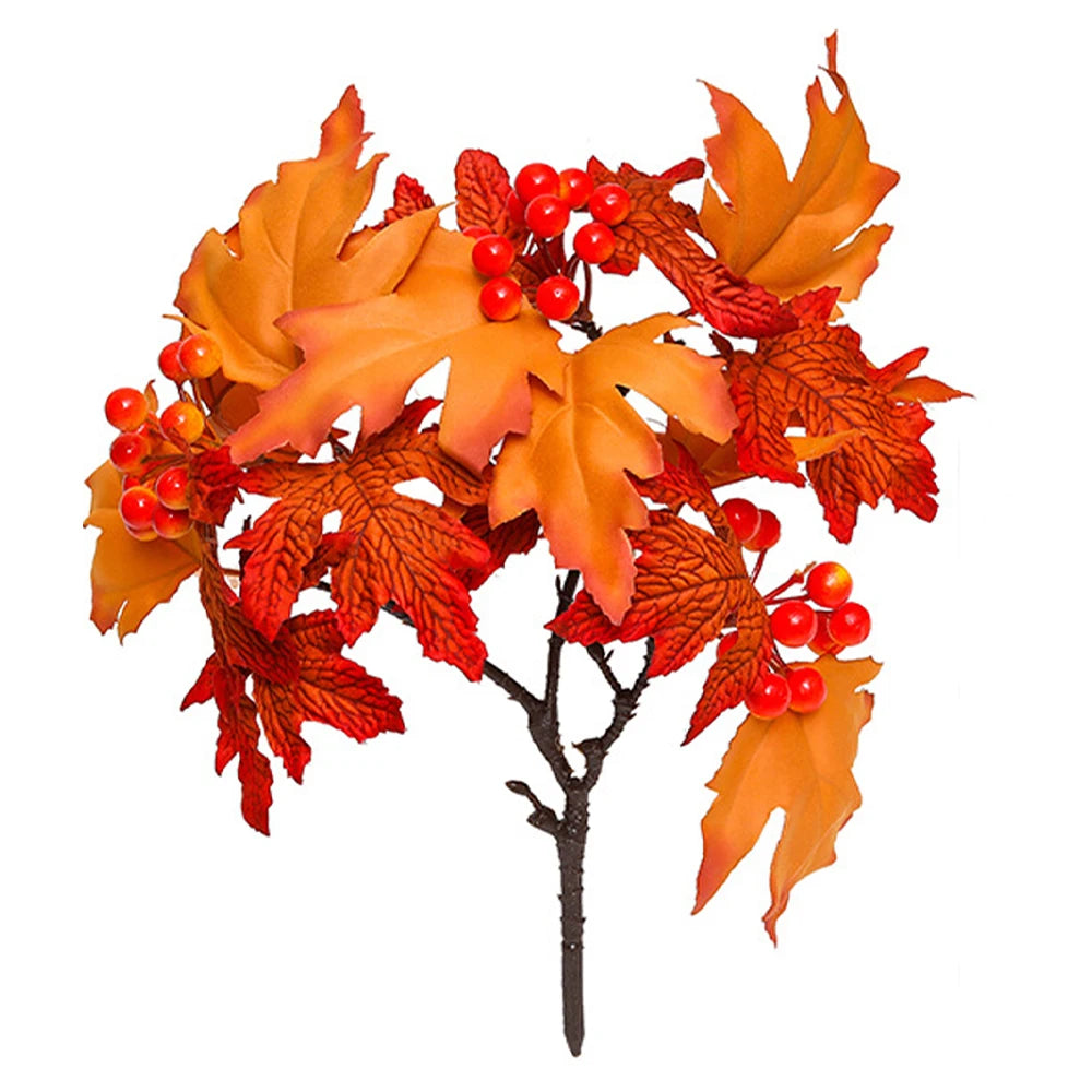 34cm Artificial Maple Leaves Branch Silk Fake Red Berries