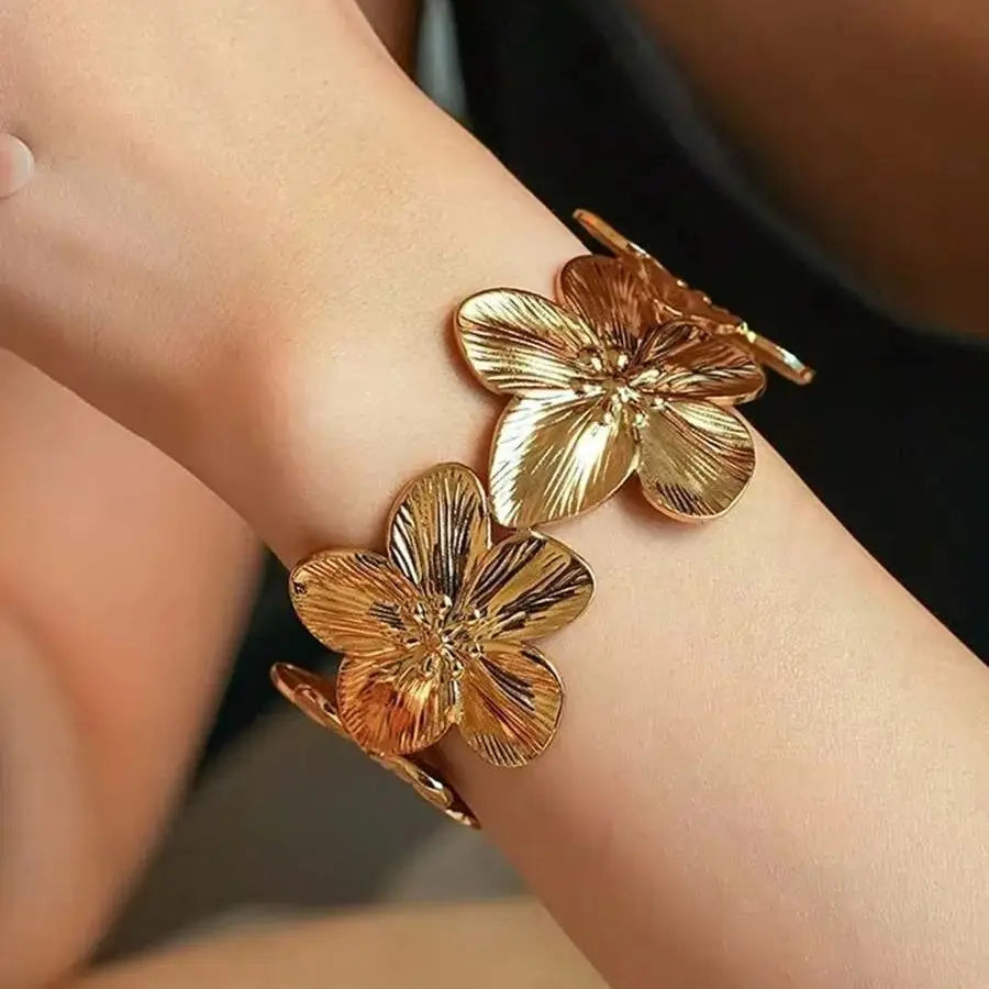 Flower Chunky Opening Bangle Bracelet Stainless Steel For Women