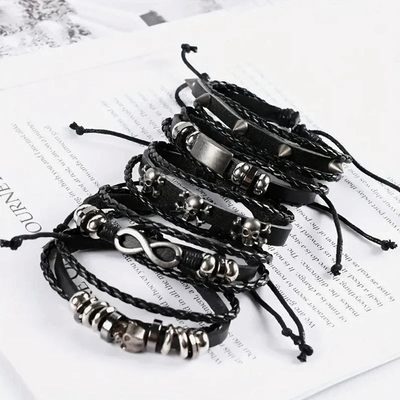 1Set Black Punk Skull & Star Shaped Alloy & Pu Leather Bracelet