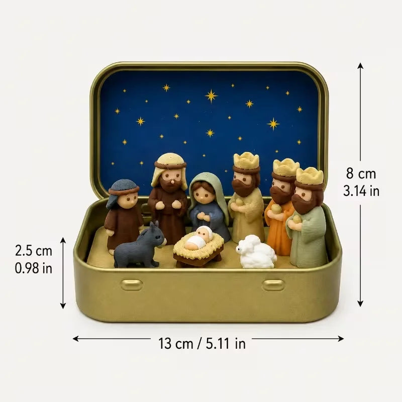 Pocket-Sized Nativity Scene Small Statue, Metal Box, mini Portable Religious desktop Decoration and Christmas Christian Keepsake