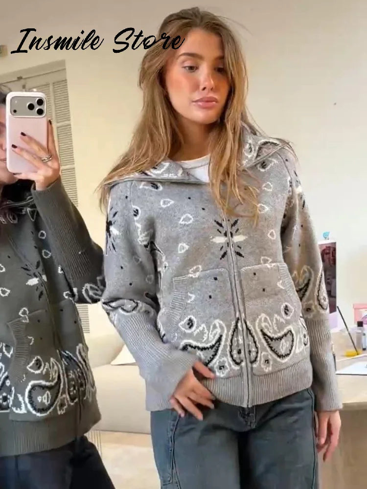Fashion Knit Jacquard Cardigan Women Gray Stand Collar Zipper Full Sleeve Sweater 2026 Autumn Winter Lady Casual Street Knitwear