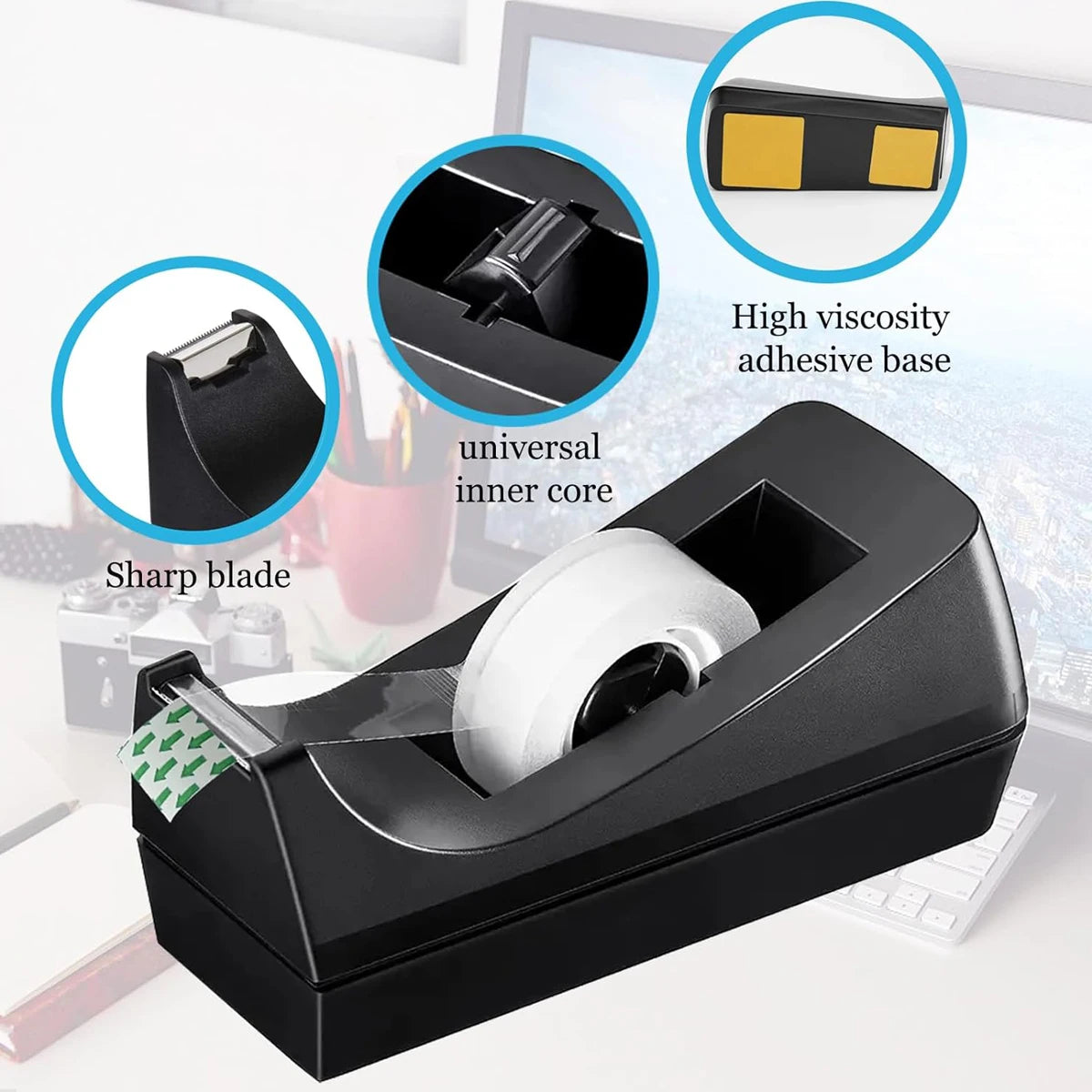 Black Desktop Tape Dispenser with Non-Slip Base