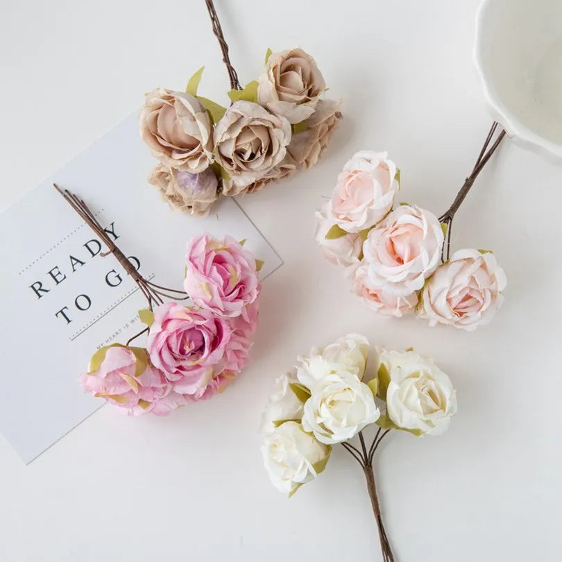 6Pcs Artificial Flowers Wedding Mini Bouquet Wreath Scrapbooking for Home Christmas Decor Diy Holiday Accessories Silk Tea Rose