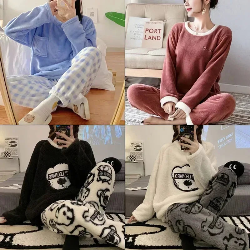 2PCS/Set Thickened Warm Flannel Women's Pajamas Tops and Trousers Student Sleepwear Homewear Winter Cartoon Bear Nightwear