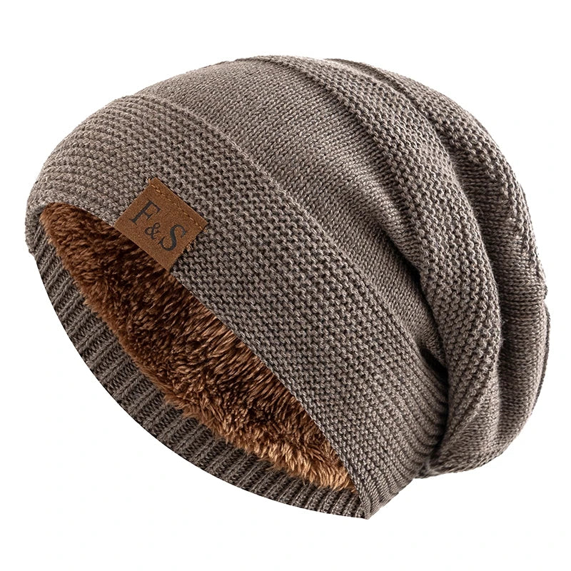 Slouchy Fur Lined Knit Winter Beanie Hat