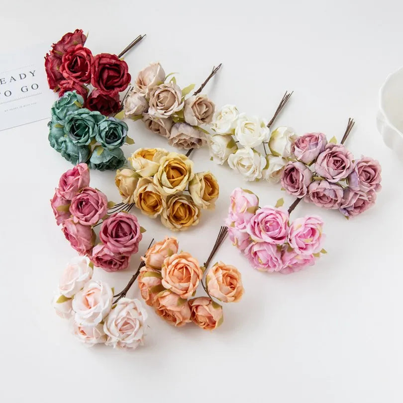 6Pcs Artificial Flowers Wedding Mini Bouquet Wreath Scrapbooking for Home Christmas Decor Diy Holiday Accessories Silk Tea Rose