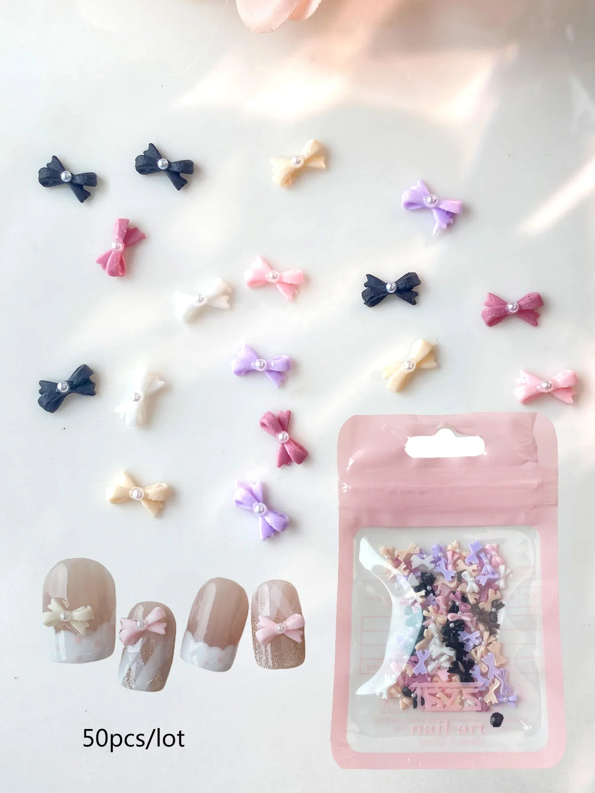 50pcs Mix Color Bow with Pearl Korea Style Nail Art Charms 3D Pink Black White Bowknot Nail Accessories DIY Design