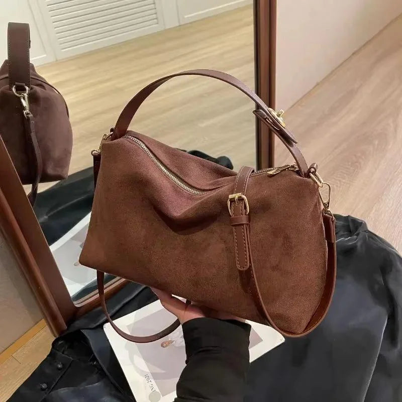 Women's vintage-style fashion shoulder bag with suede-like texture, Bohemian style, adjustable wide strap