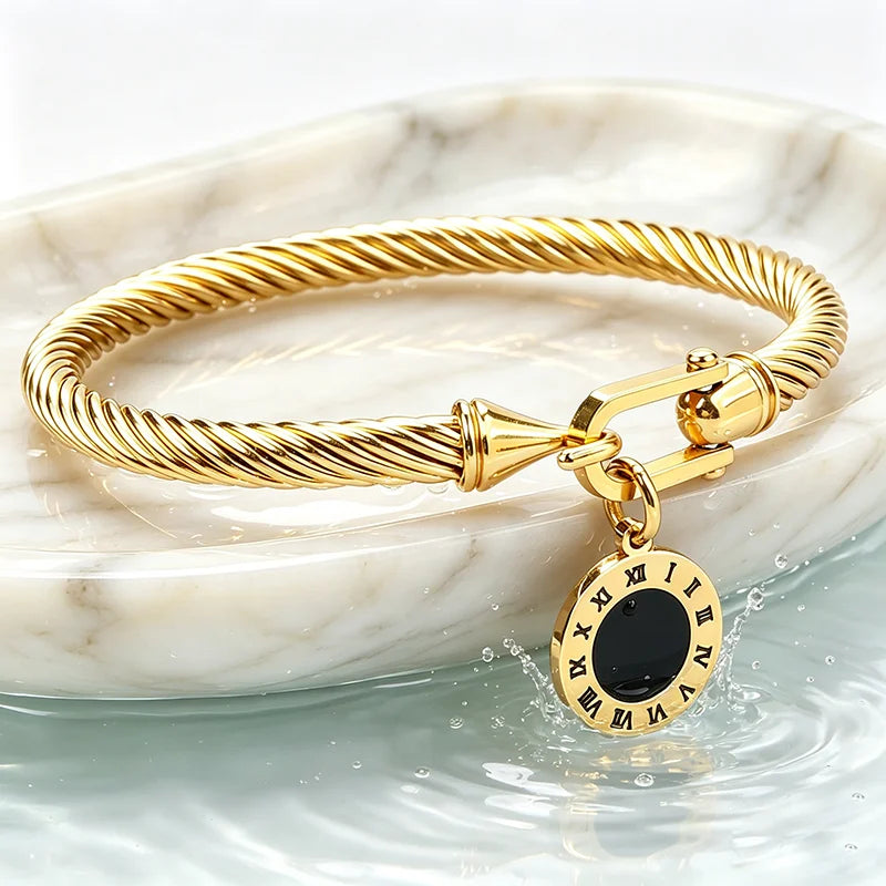 316L Stainless Steel Twisted Cable Bangle Roman Numeral Charm Bracelet