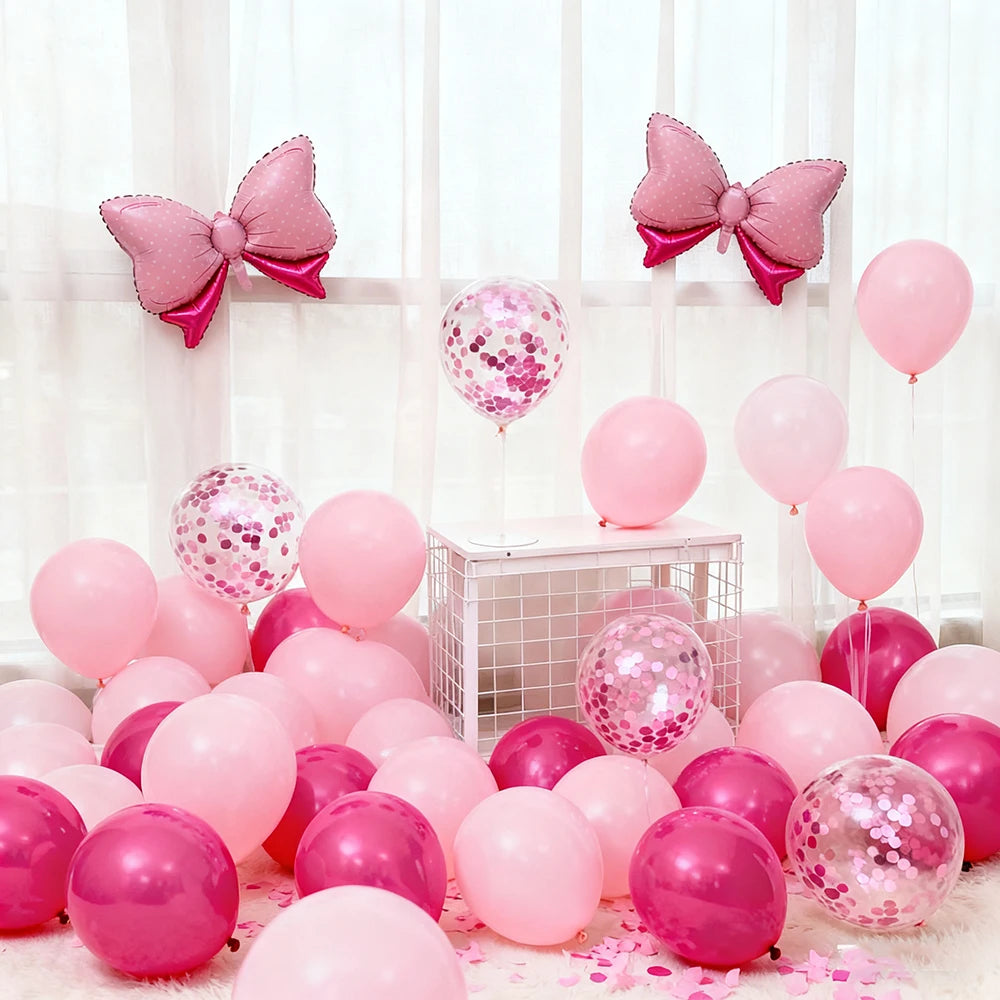 31Pcs/12inch Pink Bow Balloons,Hot Pink Rose Dots Bow Foil Balloon and Confetti Balloons with Ribbon, Girls Birthday Baby Shower