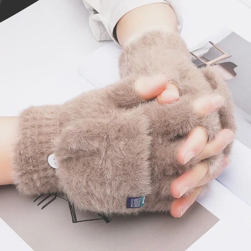 Women Winter Fingerless Gloves Soft Warm Thickened Plush additional angle