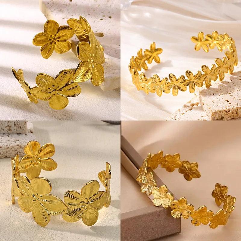 Flower Chunky Opening Bangle Bracelet Stainless Steel For Women