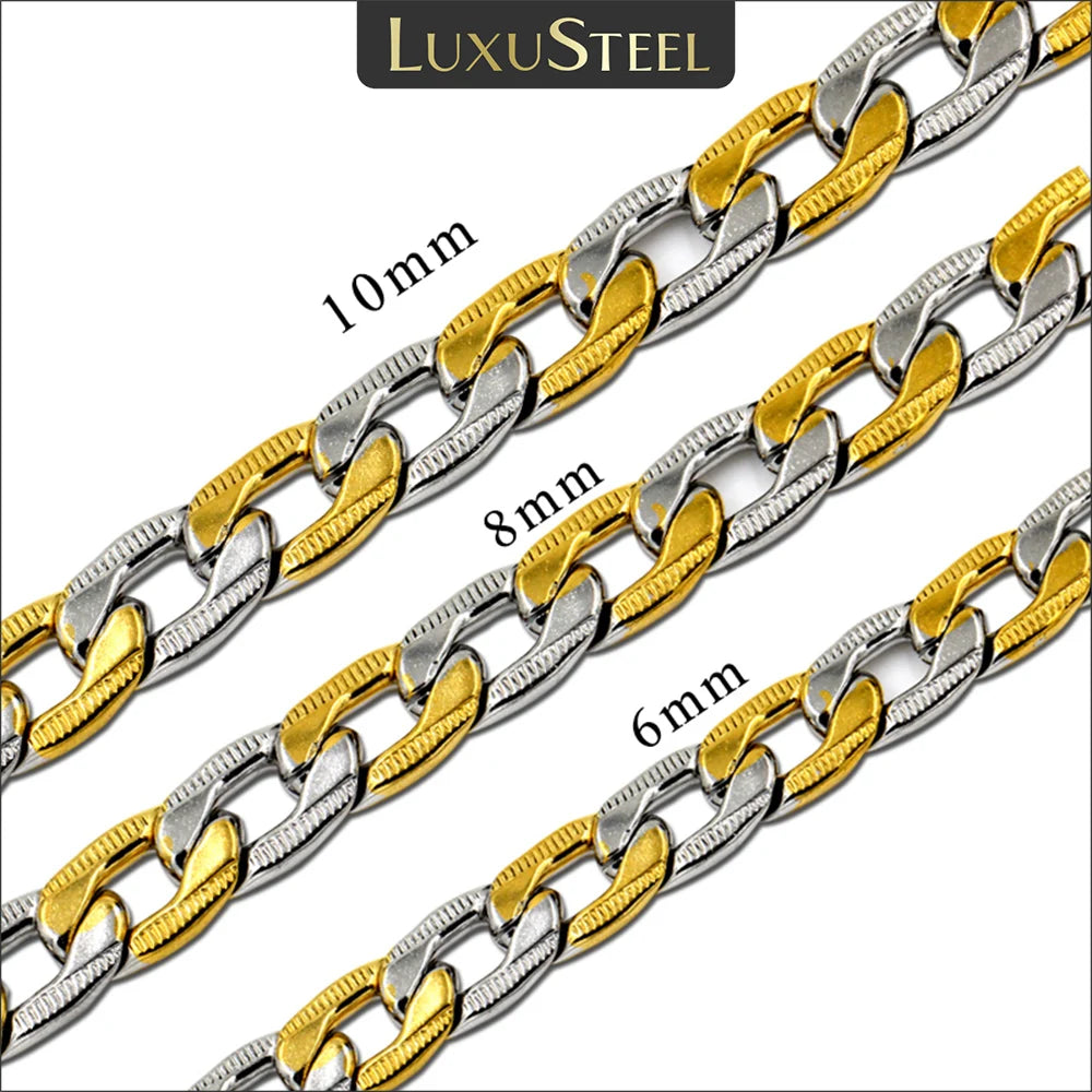 LUXUSTEEL 6/8/10mm Stainless Steel Mixed Color Necklace For Women Men Curb Cuban Chain Hip-Hop Fashi