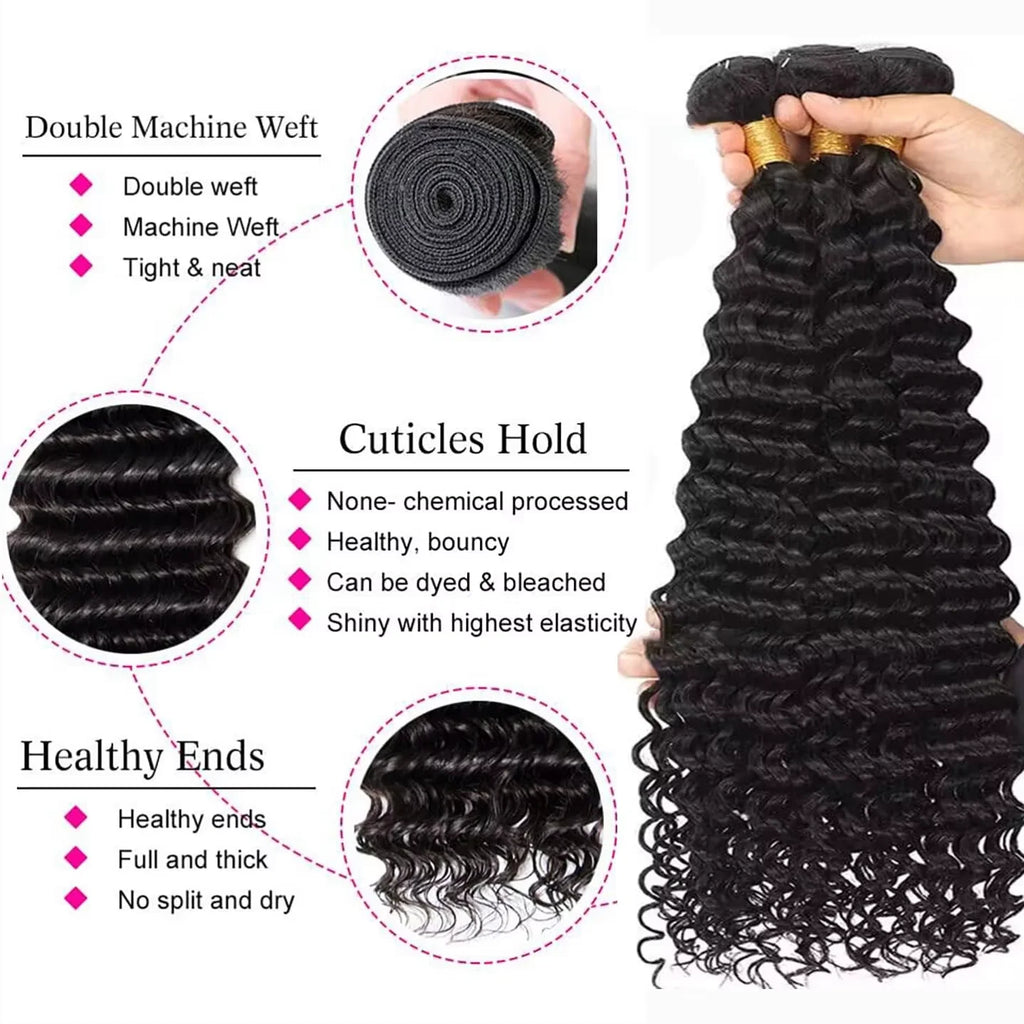 Deep Wave Brazilian Human Hair Bundles With HD Lace Closure