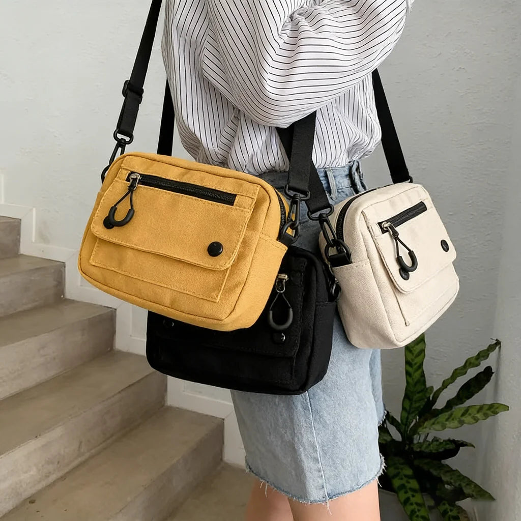 Minimalist Canvas Crossbody Sling Bag, Casual Multi-Pocket Shoulder Bag, Lightweight Everyday Purse for Women & Teens