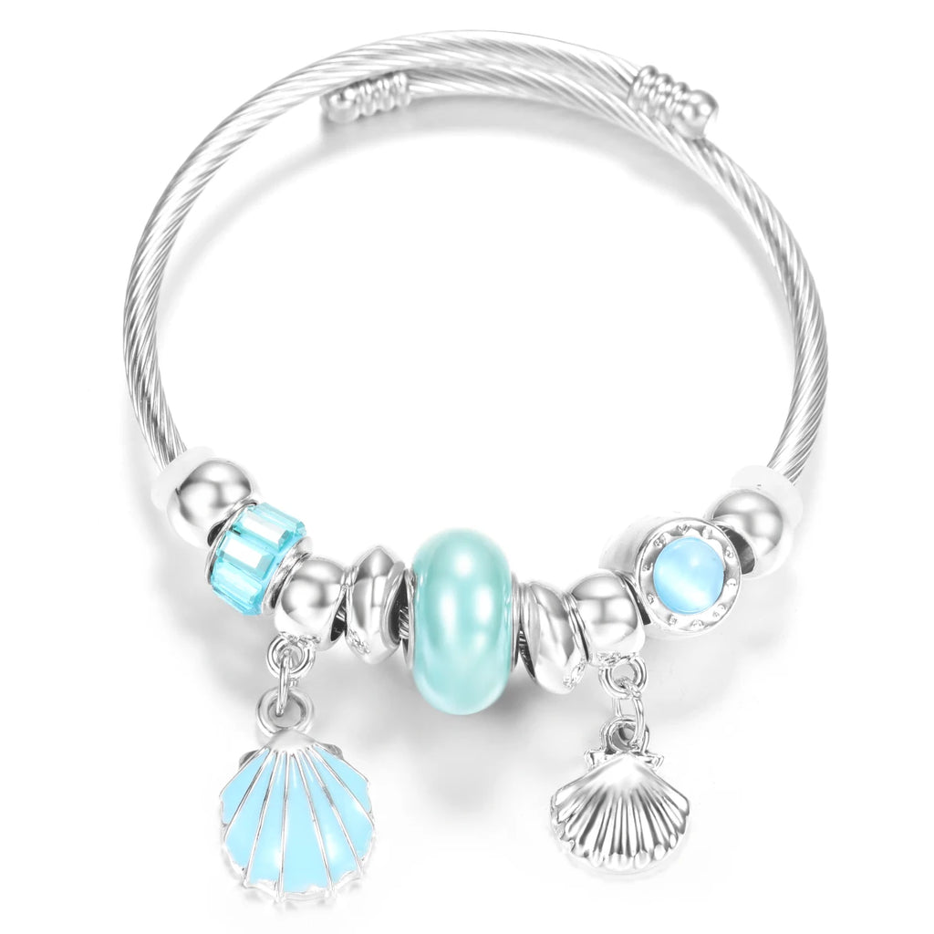 Butterfly Pendant Stainless Steel Beaded Charm Bracelet