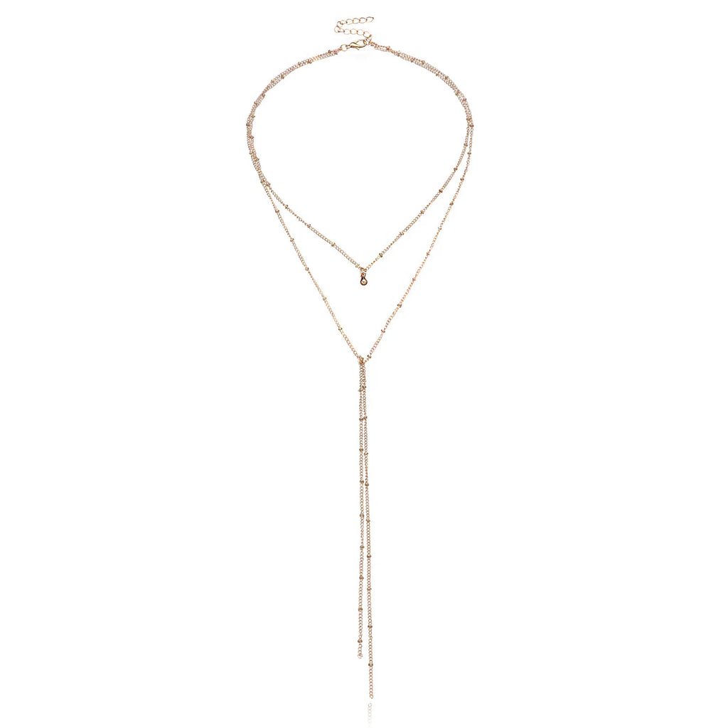 Gold Color Double Layered Long Tassel Chain Necklaces for Women Simple Metal Geometric Bead Choker Necklace Fashion Jewelry