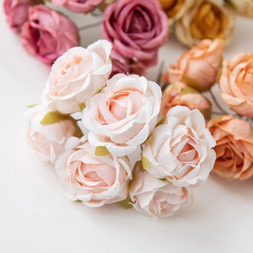 6Pcs Artificial Flowers Wedding Mini Bouquet Wreath Scrapbooking for Home Christmas Decor Diy Holiday Accessories Silk Tea Rose