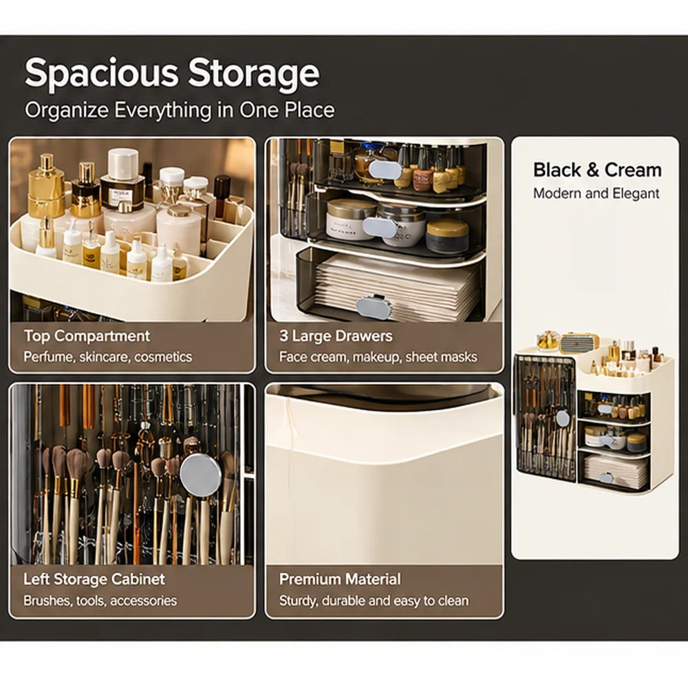 Beige Cosmetic Storage Box Makeup Organizer with Drawers & Brush Holder