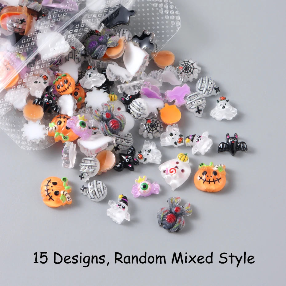 Resin Halloween Nail Charms Bat Pumpkin Ghost Spider Web